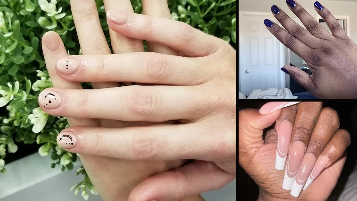 Nail technician shaping nails at a salon station.