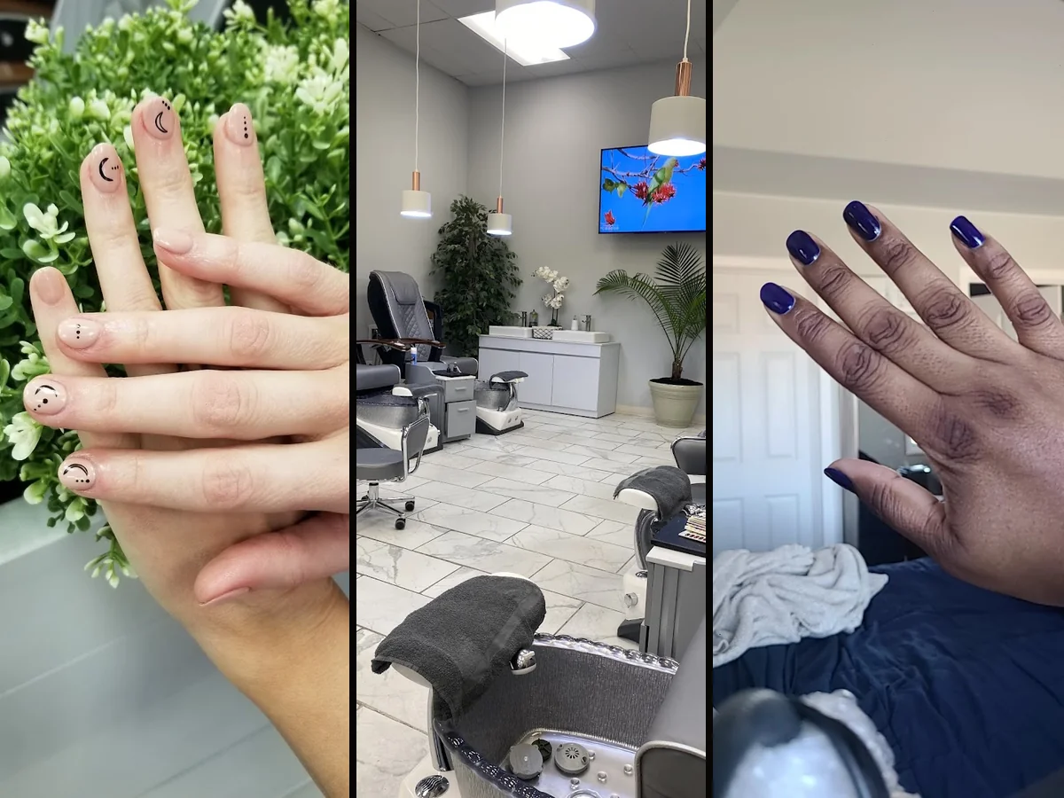Clean manicure table with tools and polish colors.