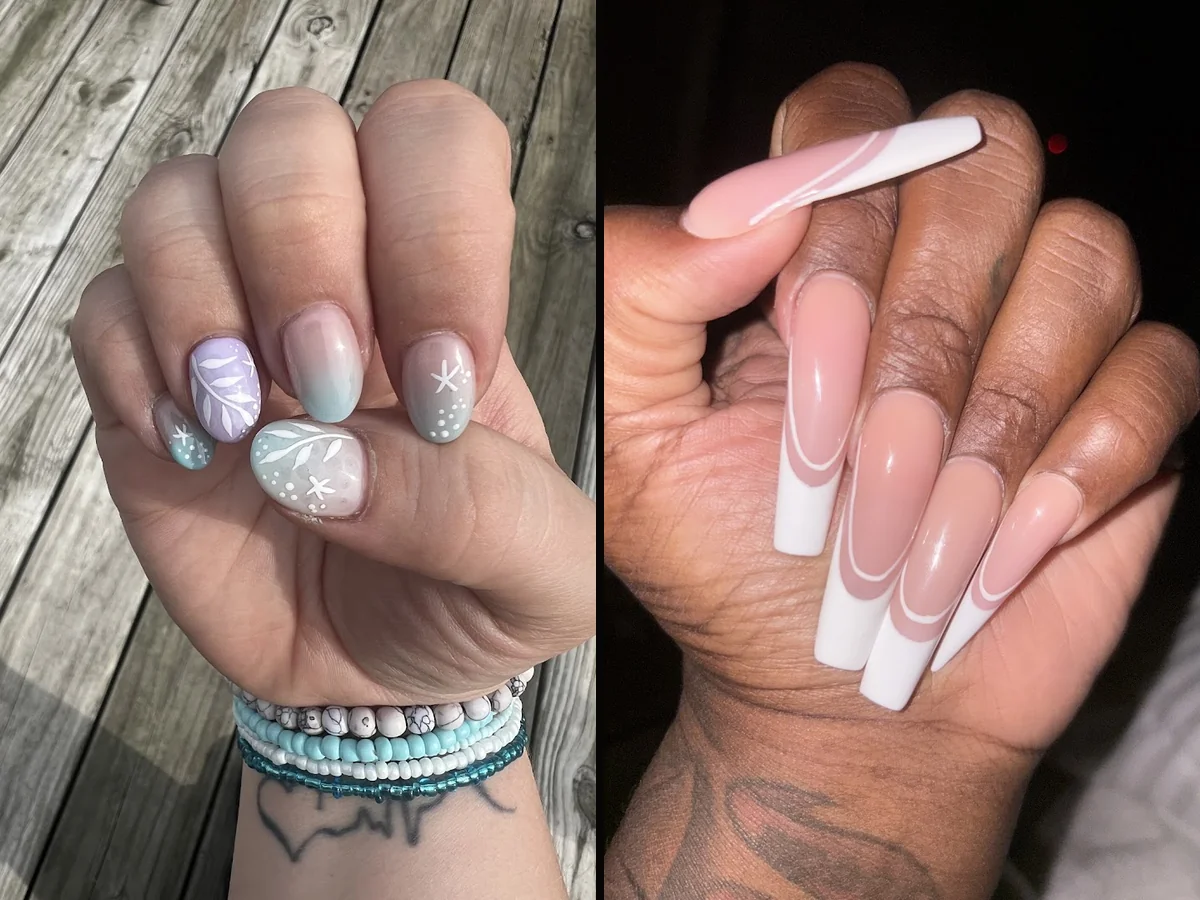 Manicured nails with glossy polish and fine nail art.